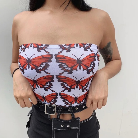 NEW! Orange Butterfly White Black Tube Crop Top🦋 - Picture 8 of 9